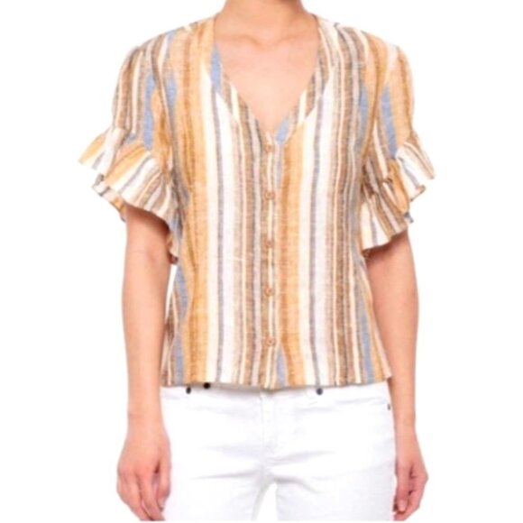 DREW "Beverly" Linen-Rayon Blend Striped Button-Up Ruffle Sleeve Top Sz M #231E - Picture 1 of 10